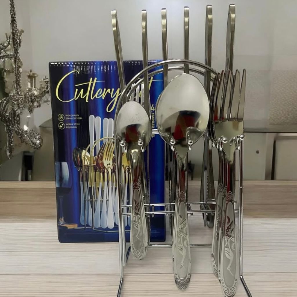 Set de 24 Cubiertos en Acero Inoxidable con Base