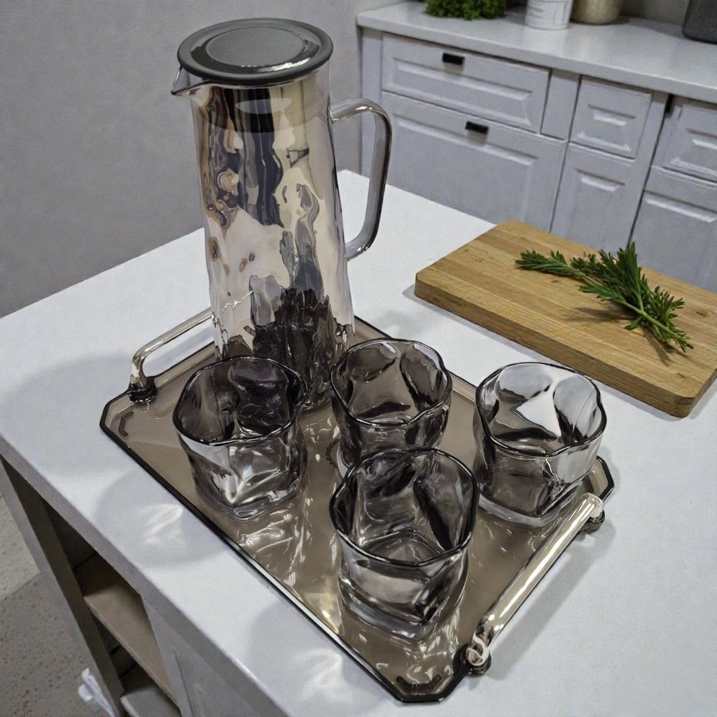 Set de Jarra + 4 Vasos de Vidrio con Bandeja