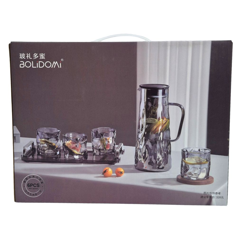 Set de Jarra + 4 Vasos de Vidrio con Bandeja