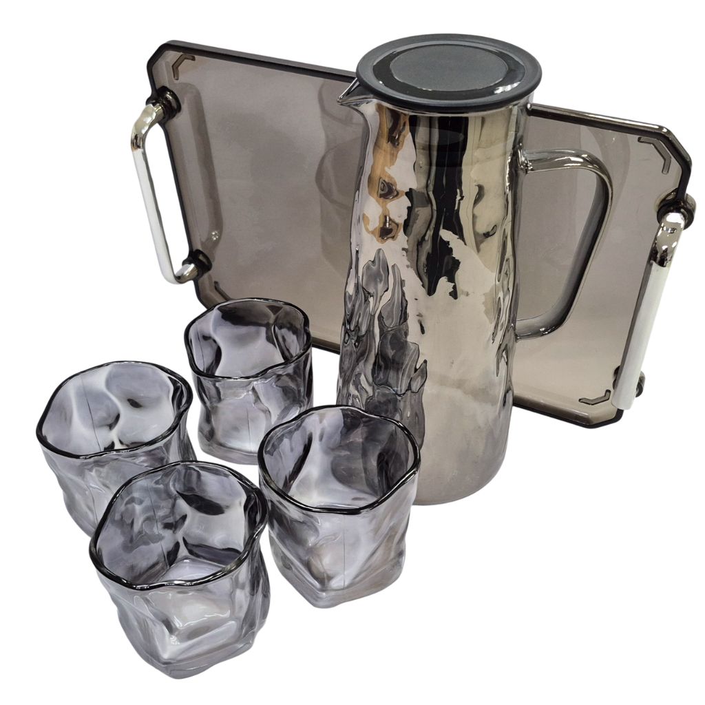 Set de Jarra + 4 Vasos de Vidrio con Bandeja
