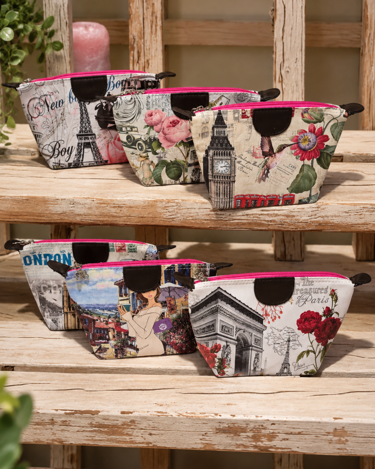 Cosmetiquera Vintage Urbana– Pack x6 Diseños